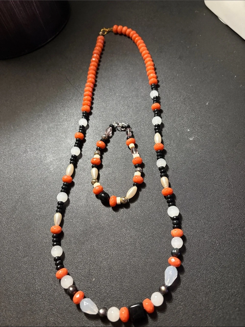 Handcrafted Orange & Black Bead Necklace and Bracelet Set